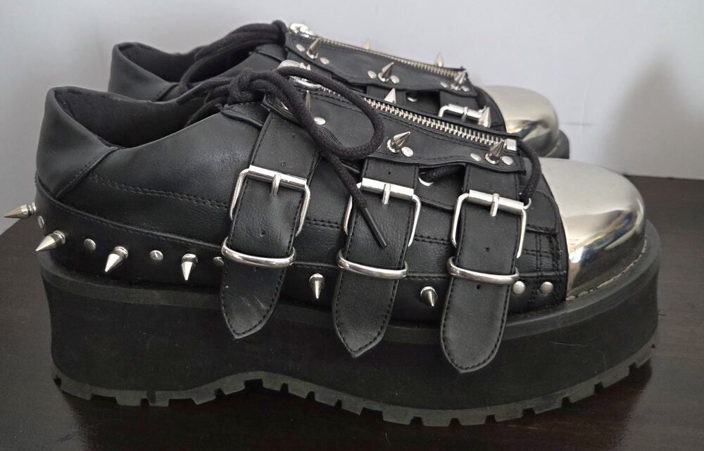 DEMONIA Gravedigger-03 Mens 11 Platform Spiked Goth Punk Metal Toe Shoes Black